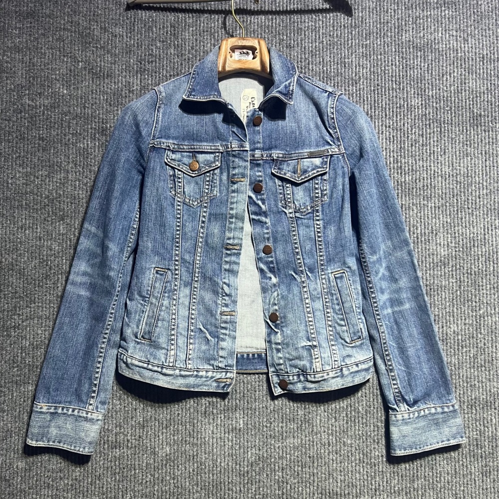 Vintage Ezra Fitch Denim Jacket Womens S Blue Trucker Jean Coat Faded Stretch